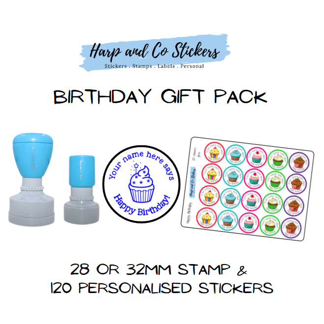 Gift Pack 28 or 32mm Stamp + 120 Stickers - Birthday