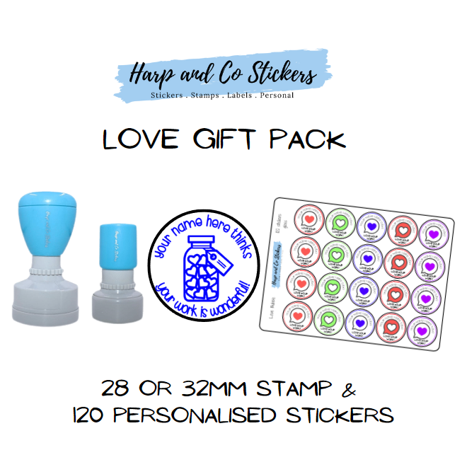 Gift Pack 28 or 32mm Stamp + 120 Stickers - Love