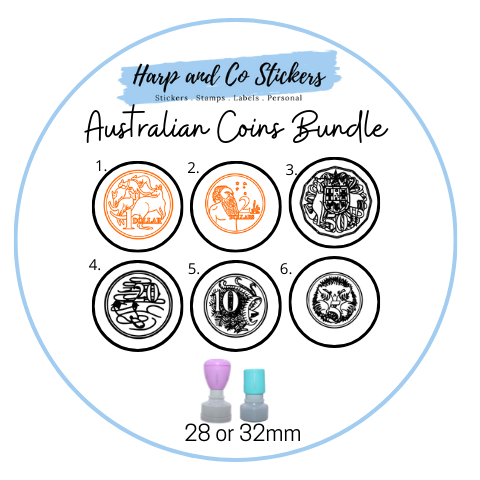 28 or 32mm Personalised Stamp Bundle - 6 Australian Coins Stamps